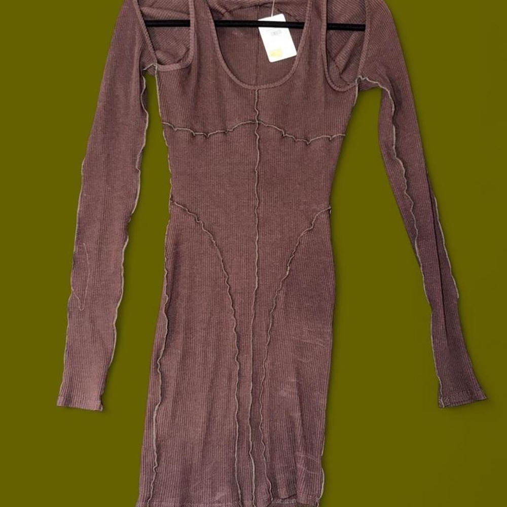 K TOO Brown Ribbed Cold Shoulder Bodycon Mini Dress NWT Size Large